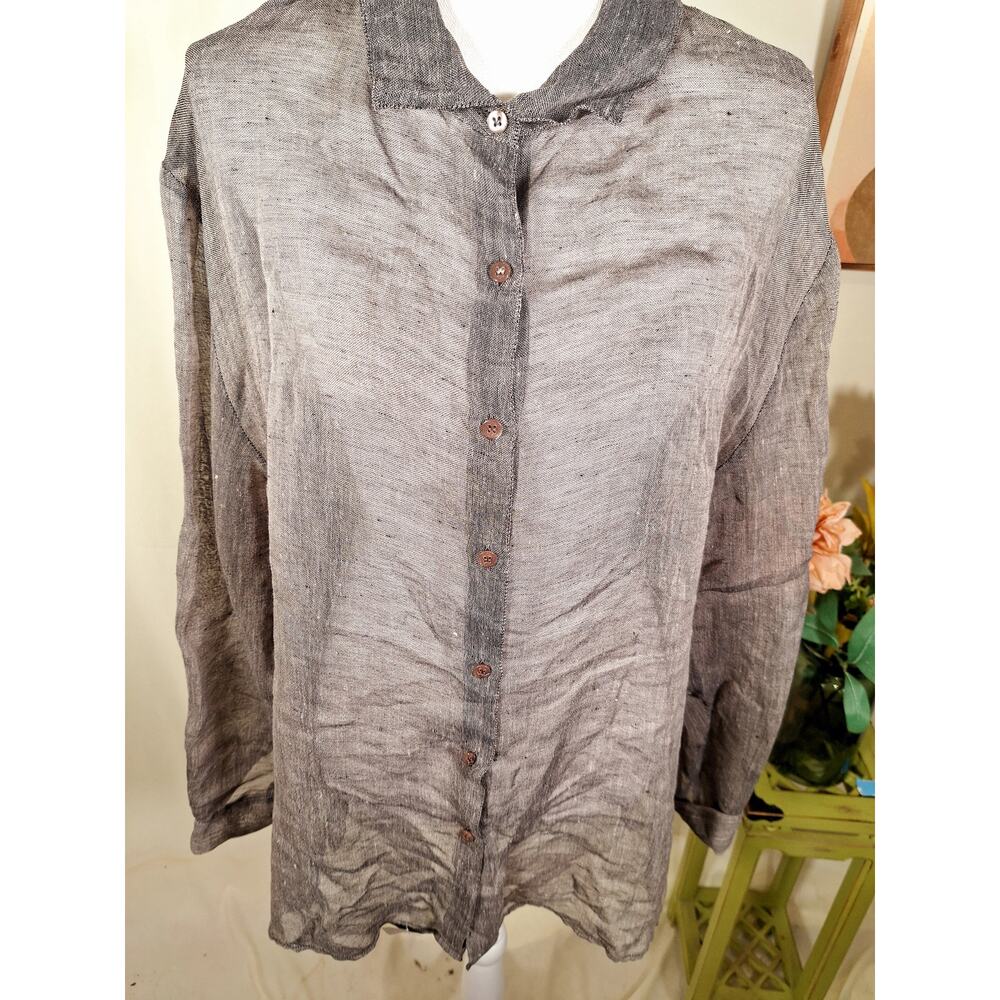 Eileen Fisher New York Women's Gray Sheer Button-Up Long-Sleeved Blouse Large - Picture 2 of 7